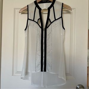 Beautiful Sleeveless White & Black Embellished Zip Up Sheer Blouse